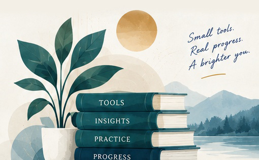 Editorial illustration of books, leaves and a calm landscape